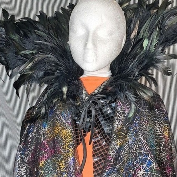 Halloween Spiderweb Cape Feather Collar Costume Party Cosplay Rave Gothic - Picture 1 of 7